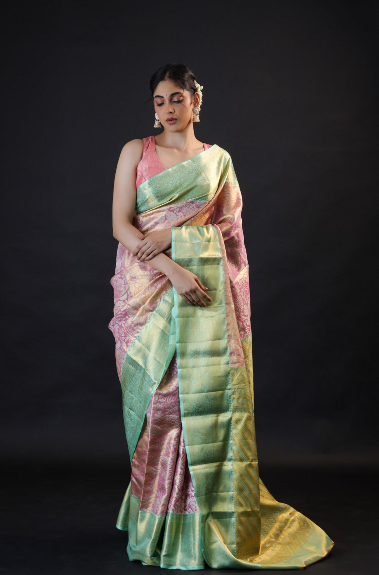 Pastel Peach Tissue Kanjivaram Silk Saree With Jaal Design