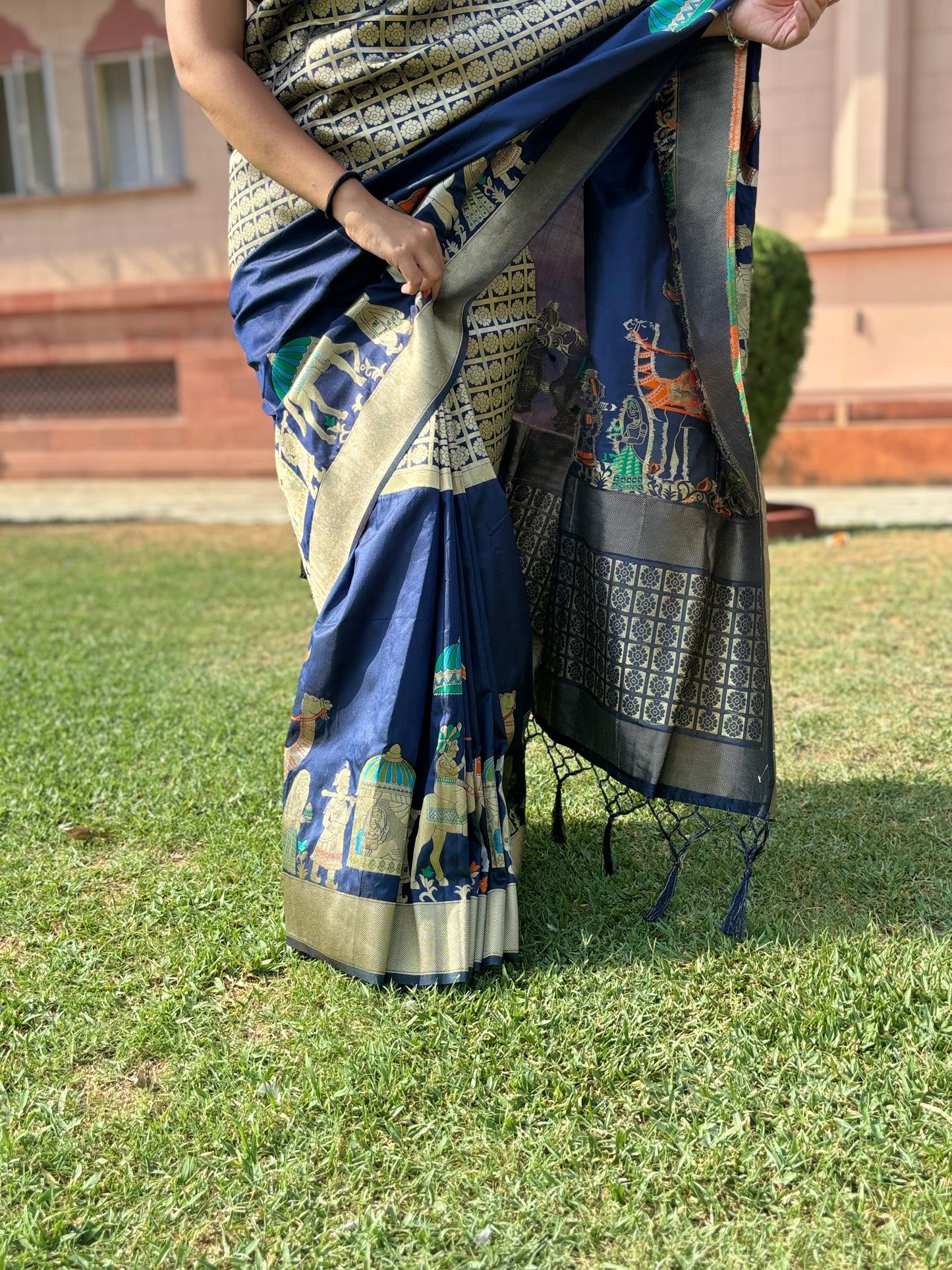 Baluchari Silk Blue Camel Saree