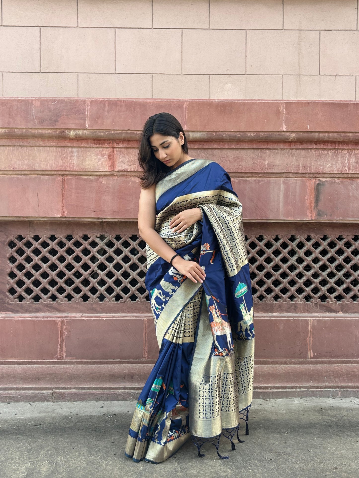 Baluchari Silk Blue Camel Saree