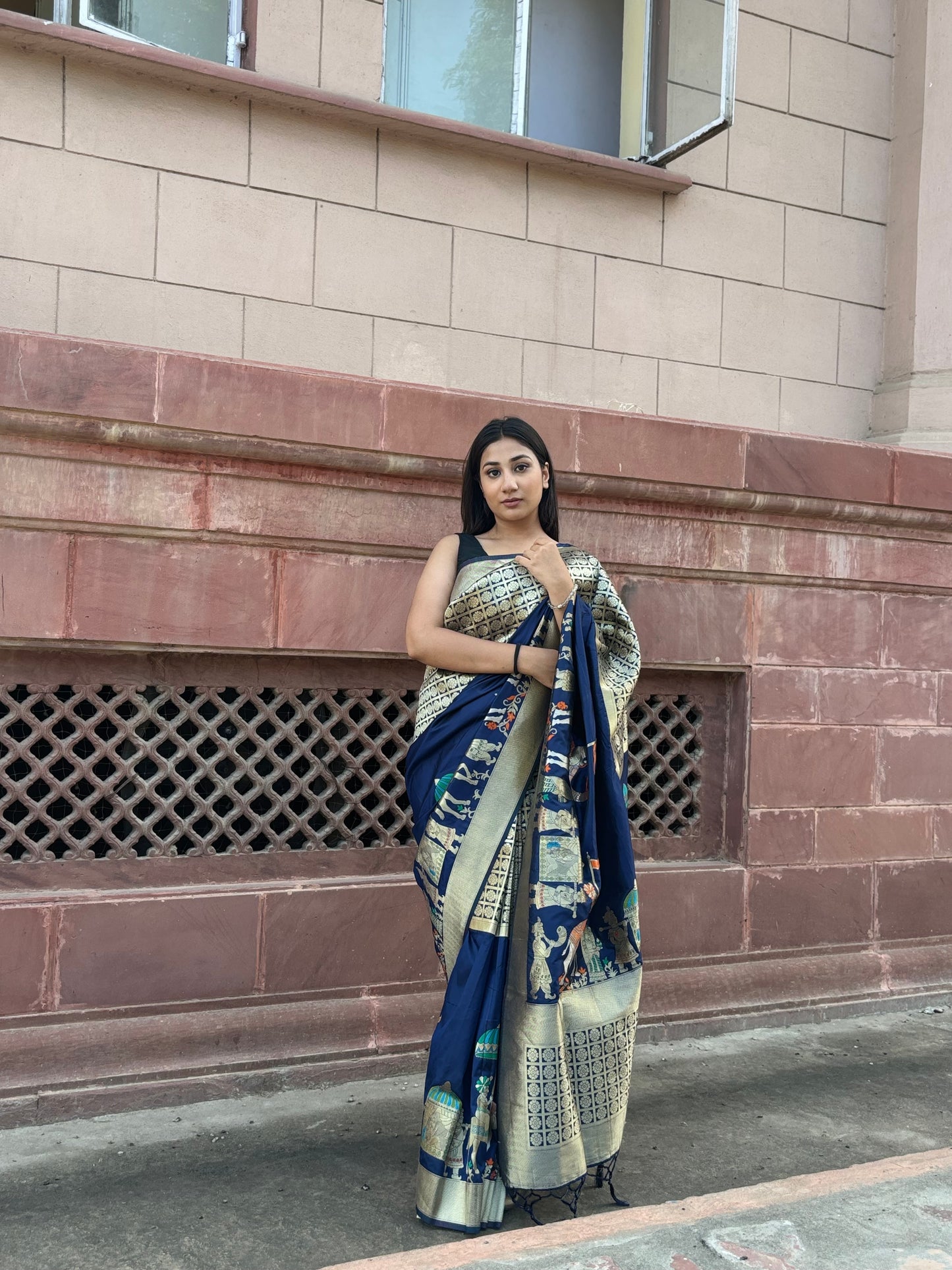 Baluchari Silk Blue Camel Saree