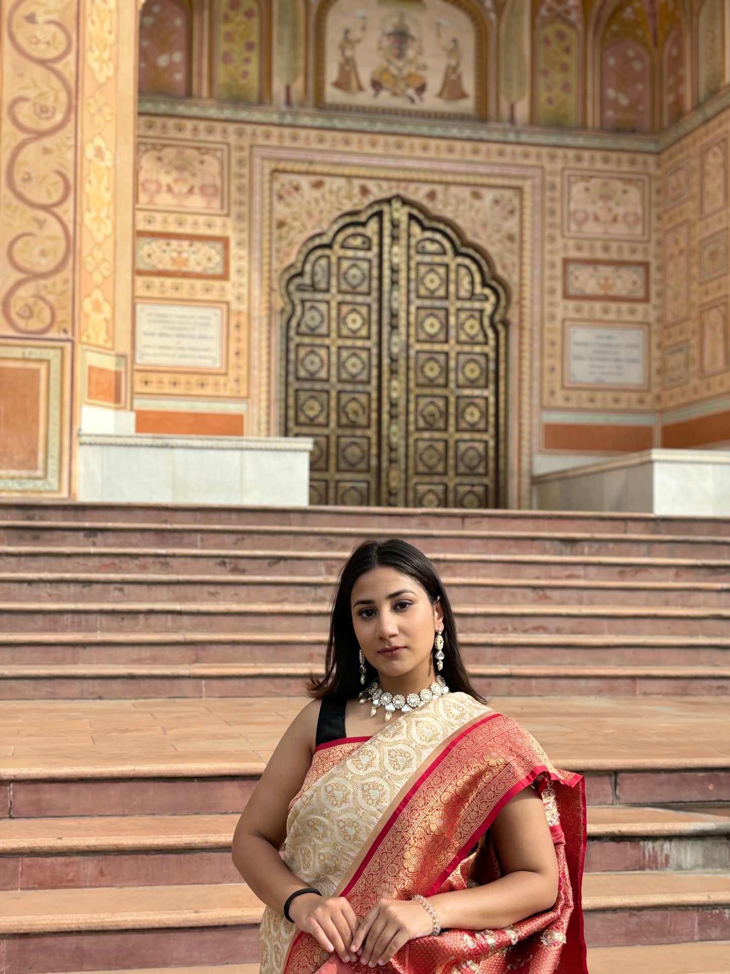 Cream Banarsi Silk With High Red Border Saree