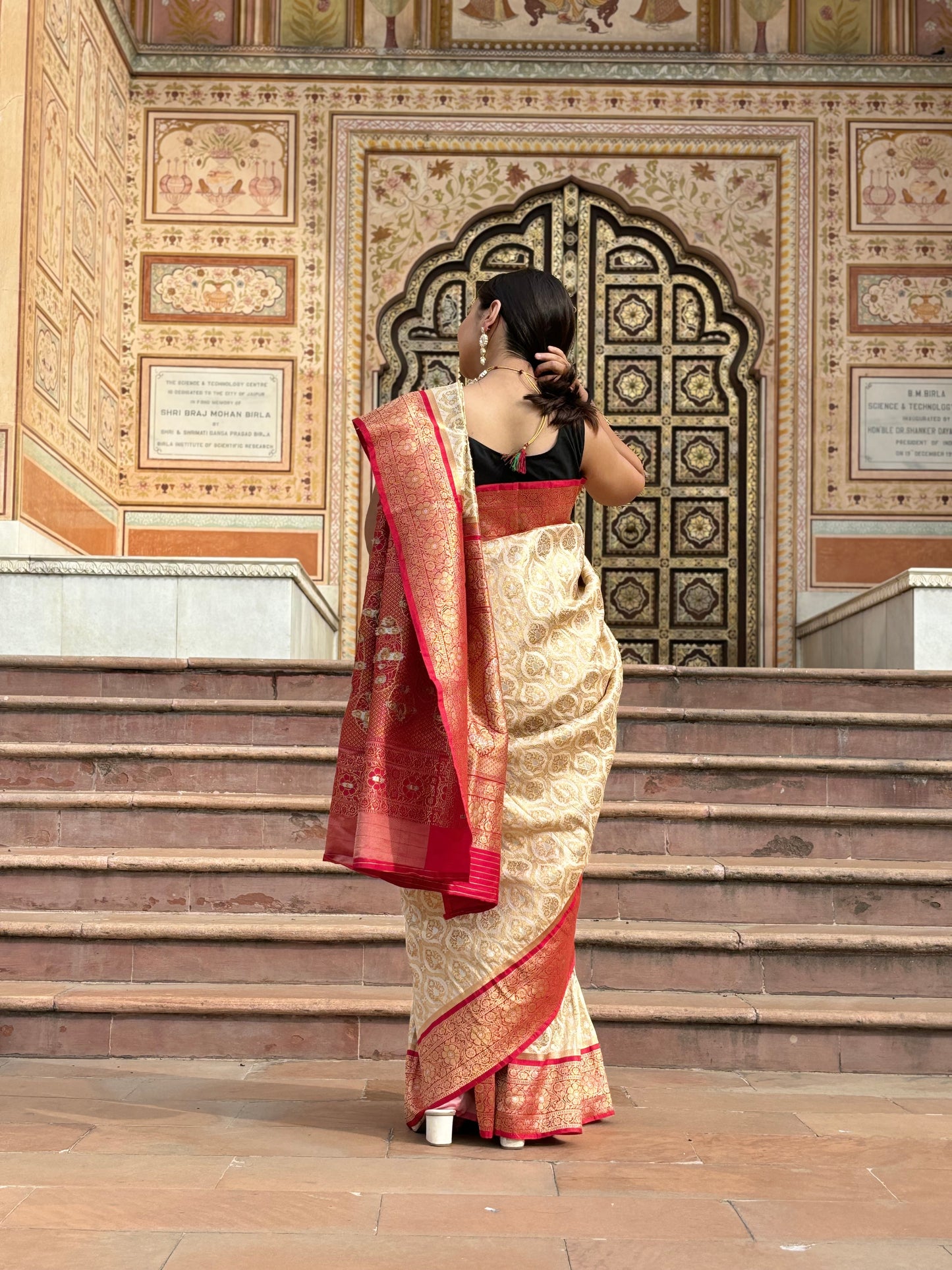 Cream Banarsi Silk With High Red Border Saree