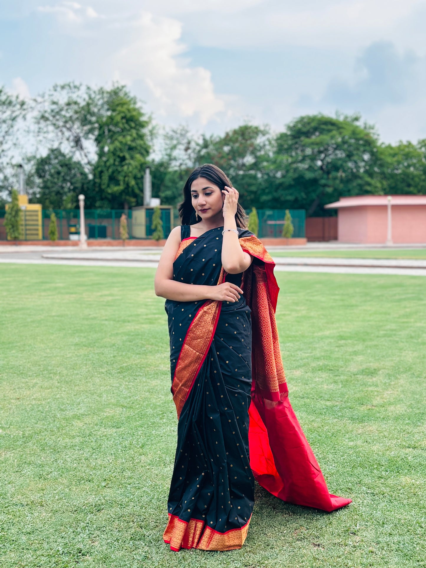 Black with Red Border Pure Kanchipuram Saree
