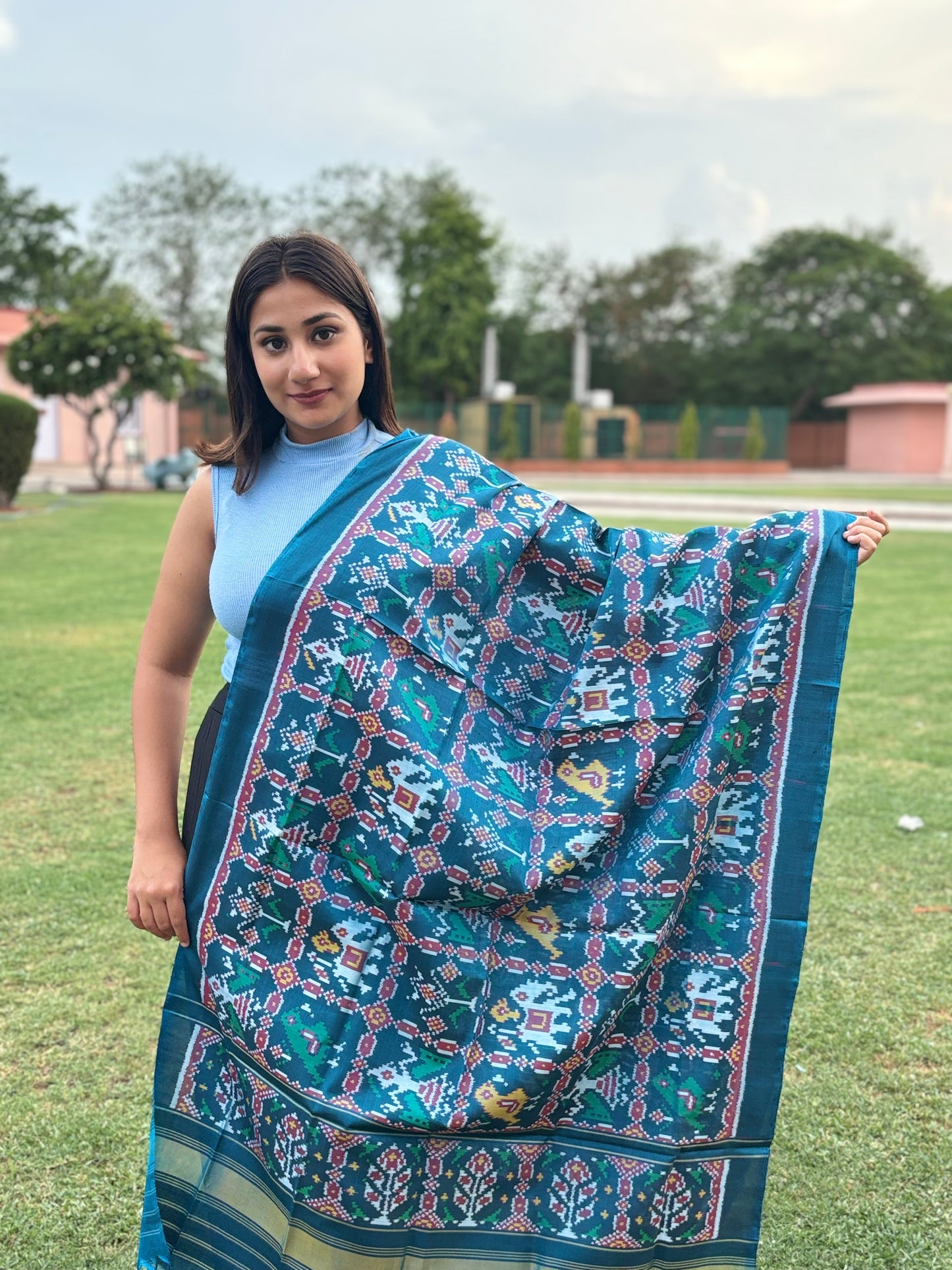 RAJKOT PATOLA DUPATTA | SEMI DOUBLE WEAVE DUPATTA | LIGHT BLUE