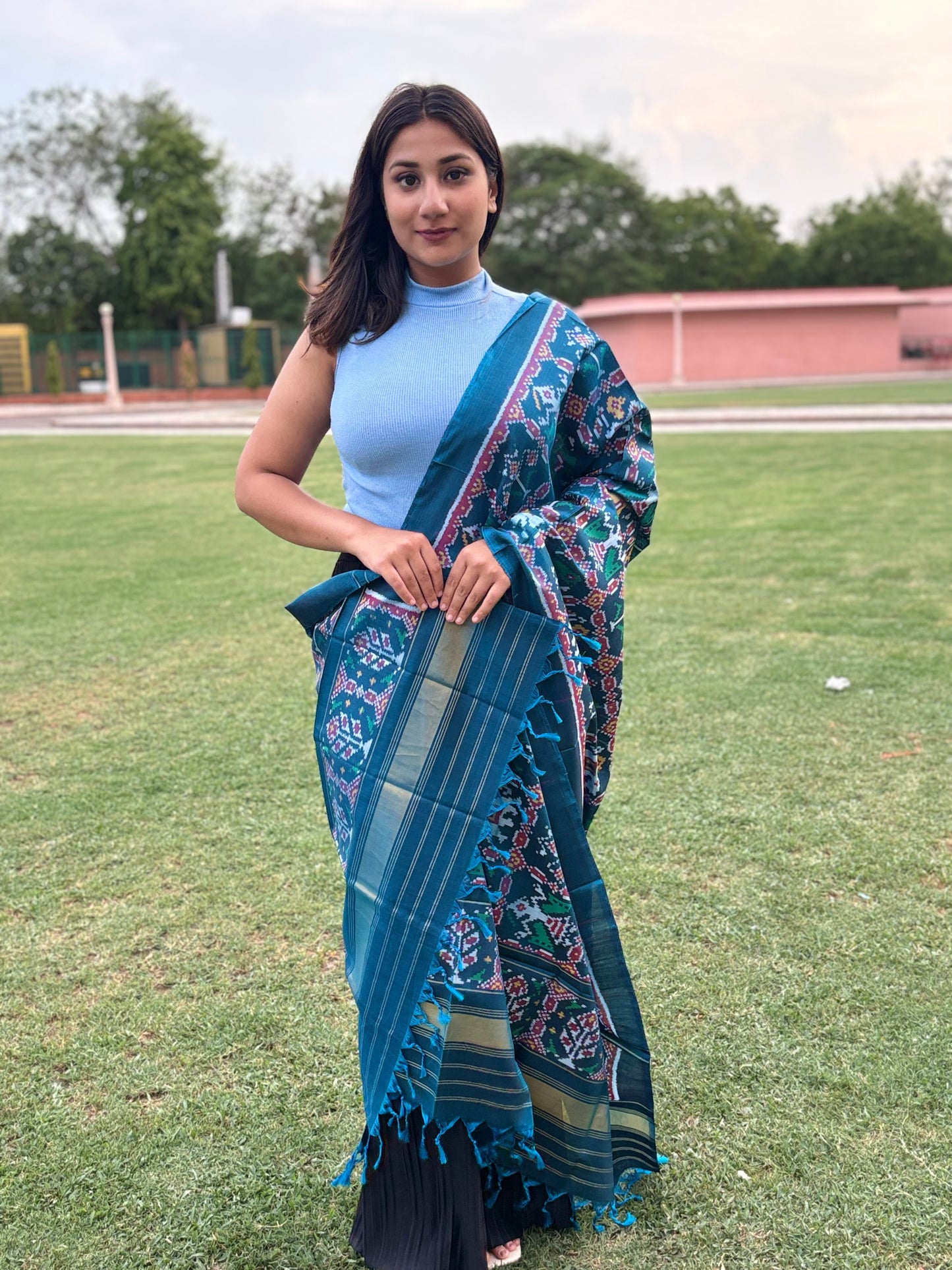 RAJKOT PATOLA DUPATTA | SEMI DOUBLE WEAVE DUPATTA | LIGHT BLUE