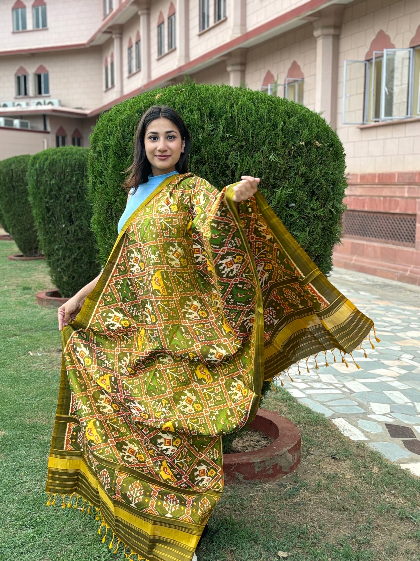 RAJKOT PATOLA DUPATTA | SEMI DOUBLE WEAVE DUPATTA | MUSTARD