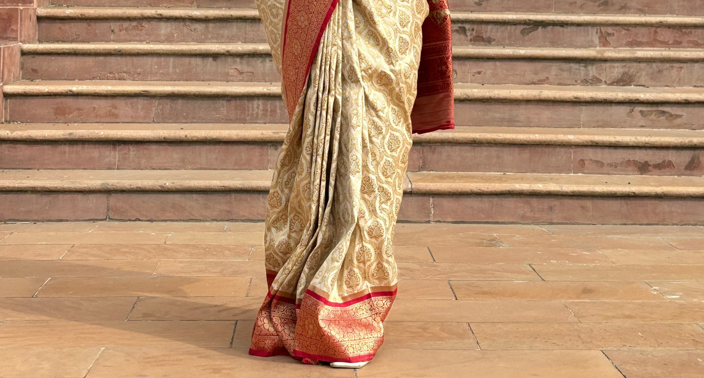 Cream Banarsi Silk With High Red Border Saree