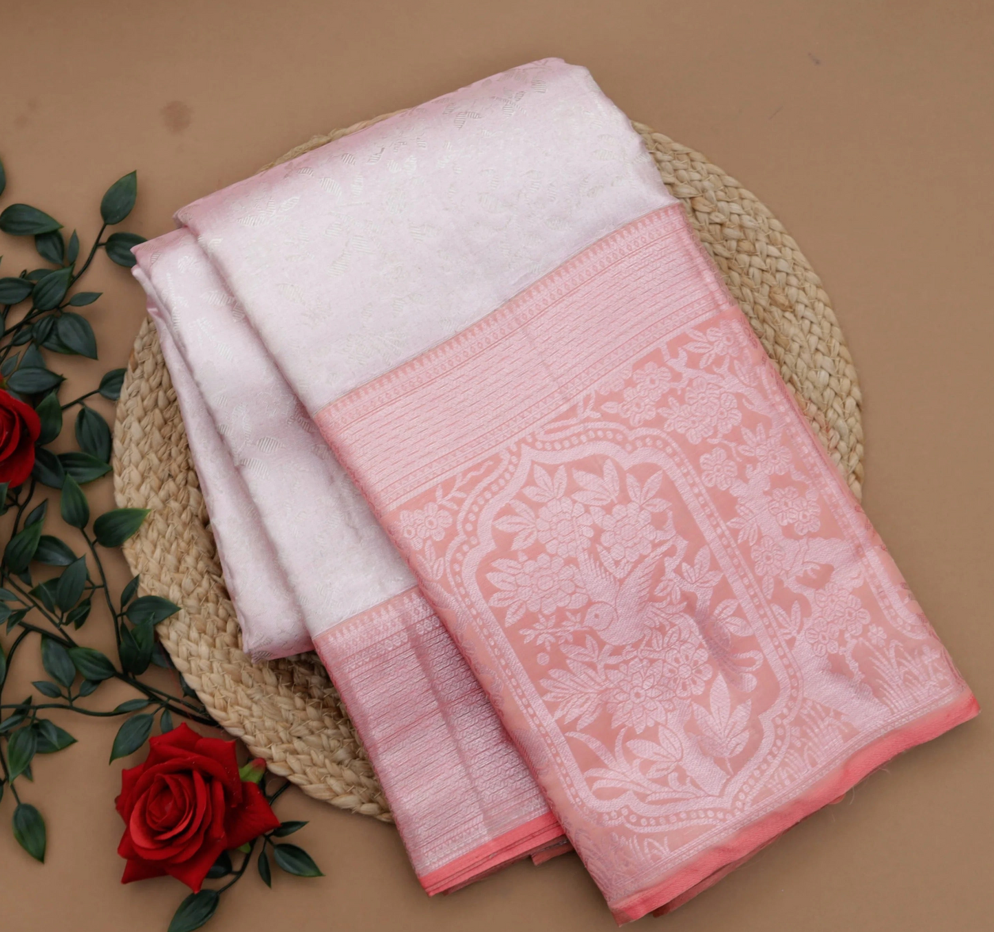 Pale Pink White Kanjivaram Silk Saree With Floral Jaal Pattern