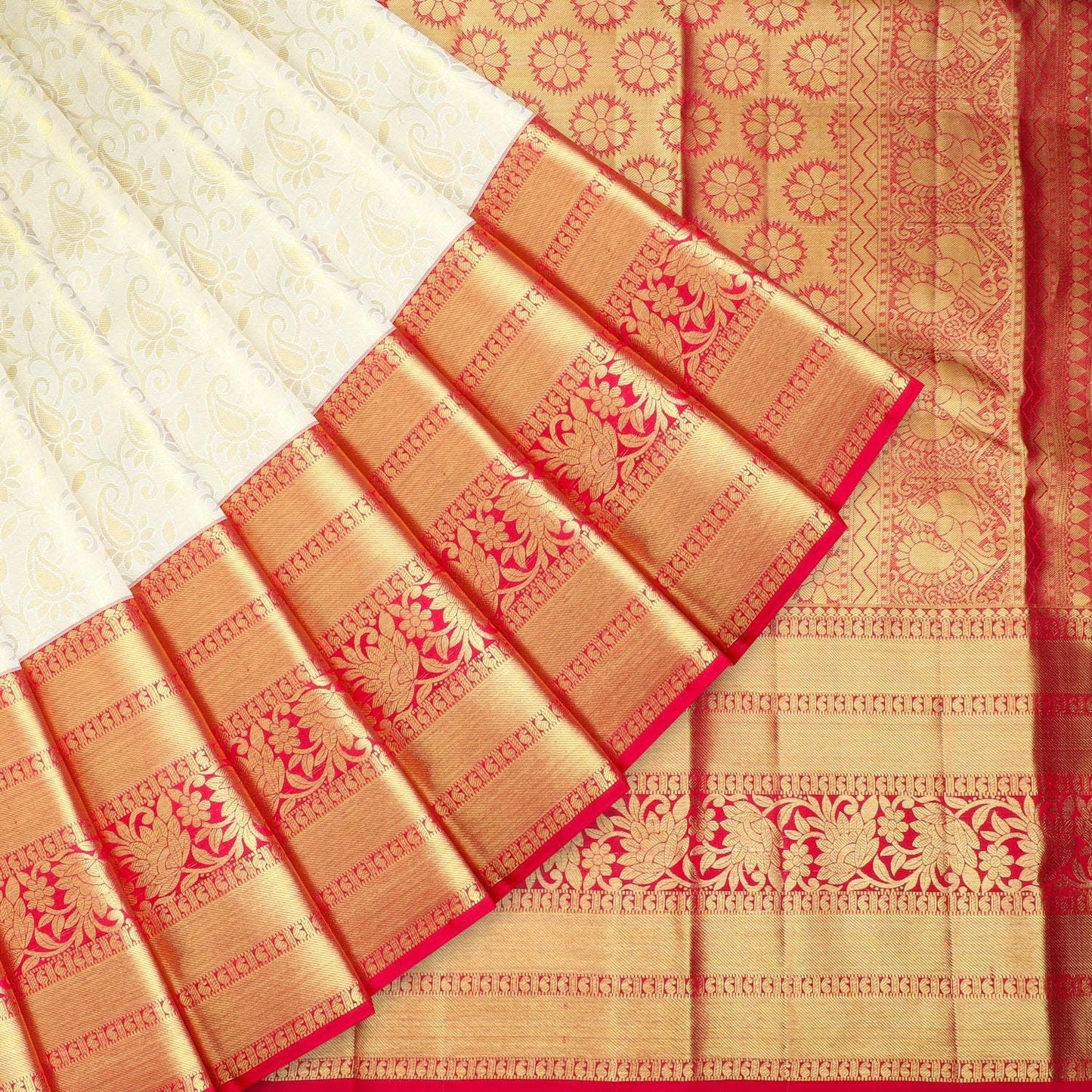 White Kanjivaram Silk Saree With Floral Jaal Pattern