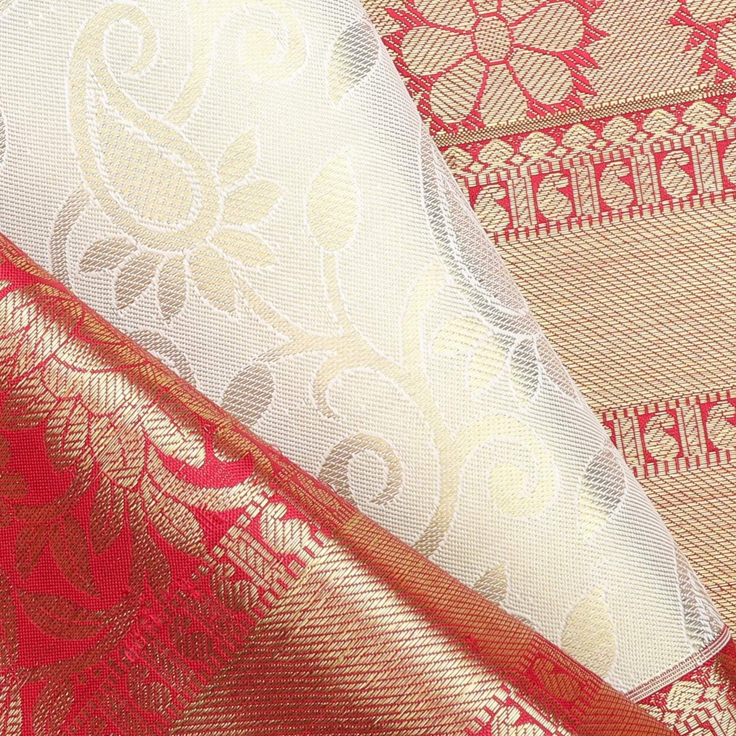 White Kanjivaram Silk Saree With Floral Jaal Pattern
