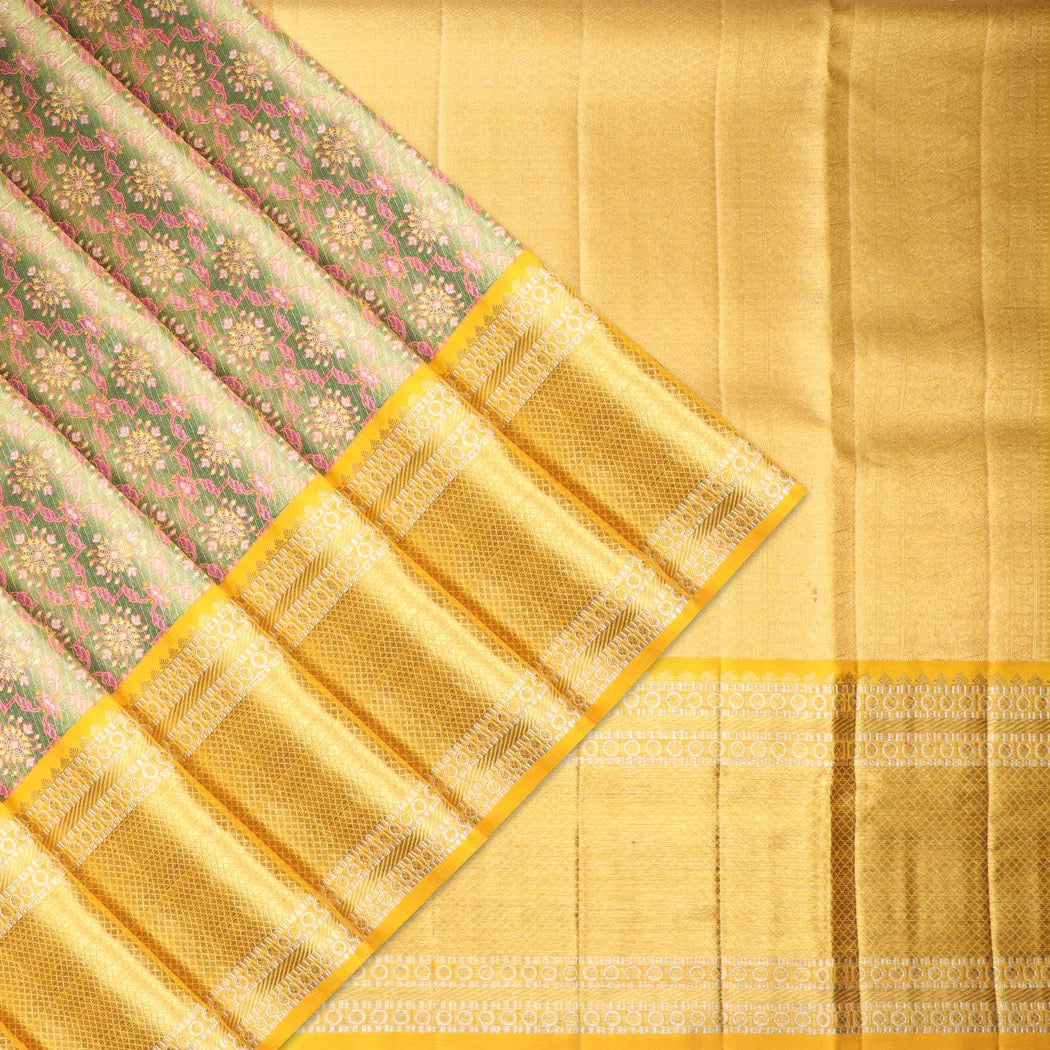 Pastel Green Kanjivaram Silk Saree With Floral Motif Pattern
