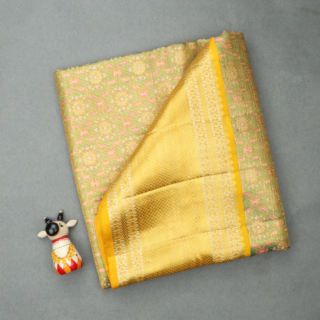 Pastel Green Kanjivaram Silk Saree With Floral Motif Pattern