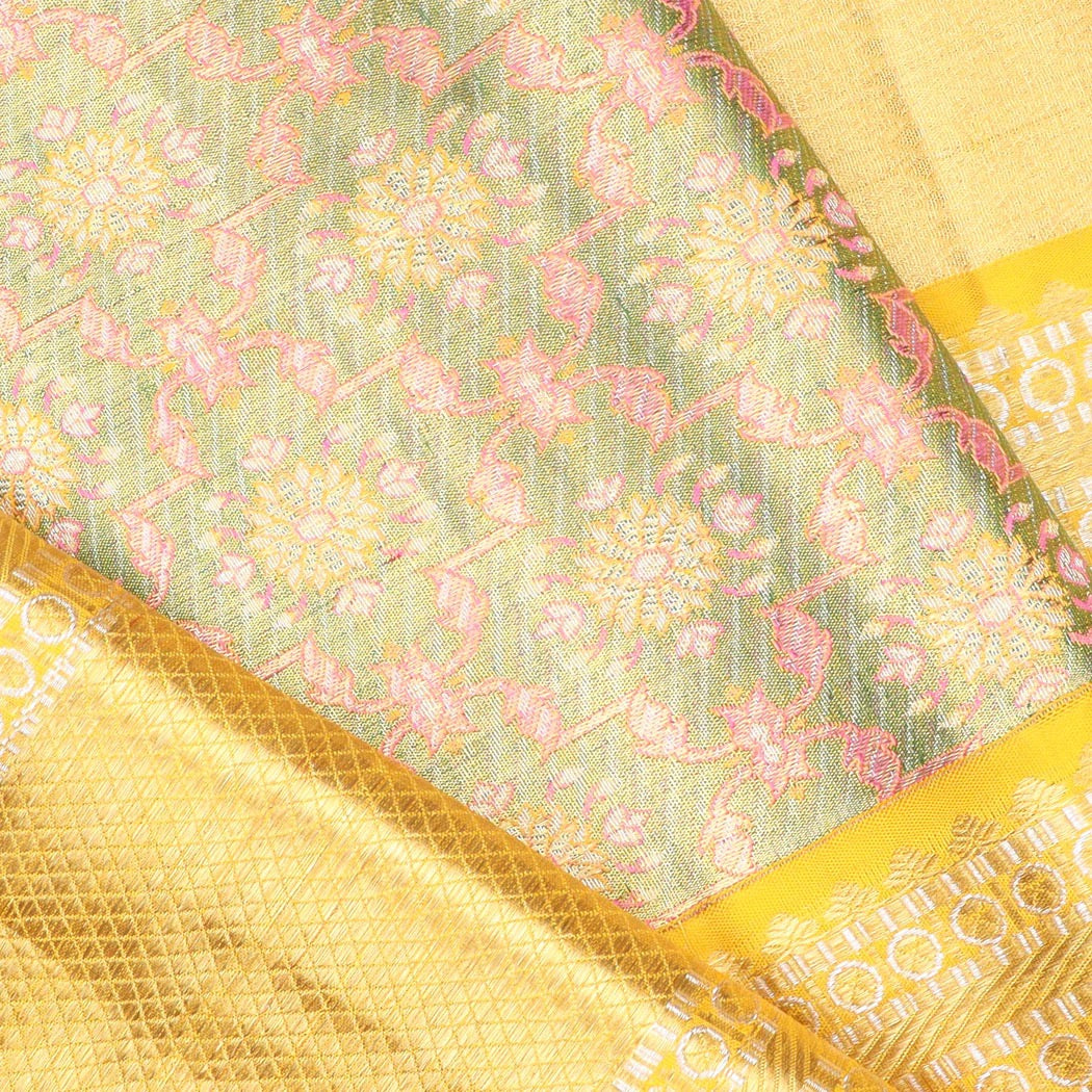 Pastel Green Kanjivaram Silk Saree With Floral Motif Pattern