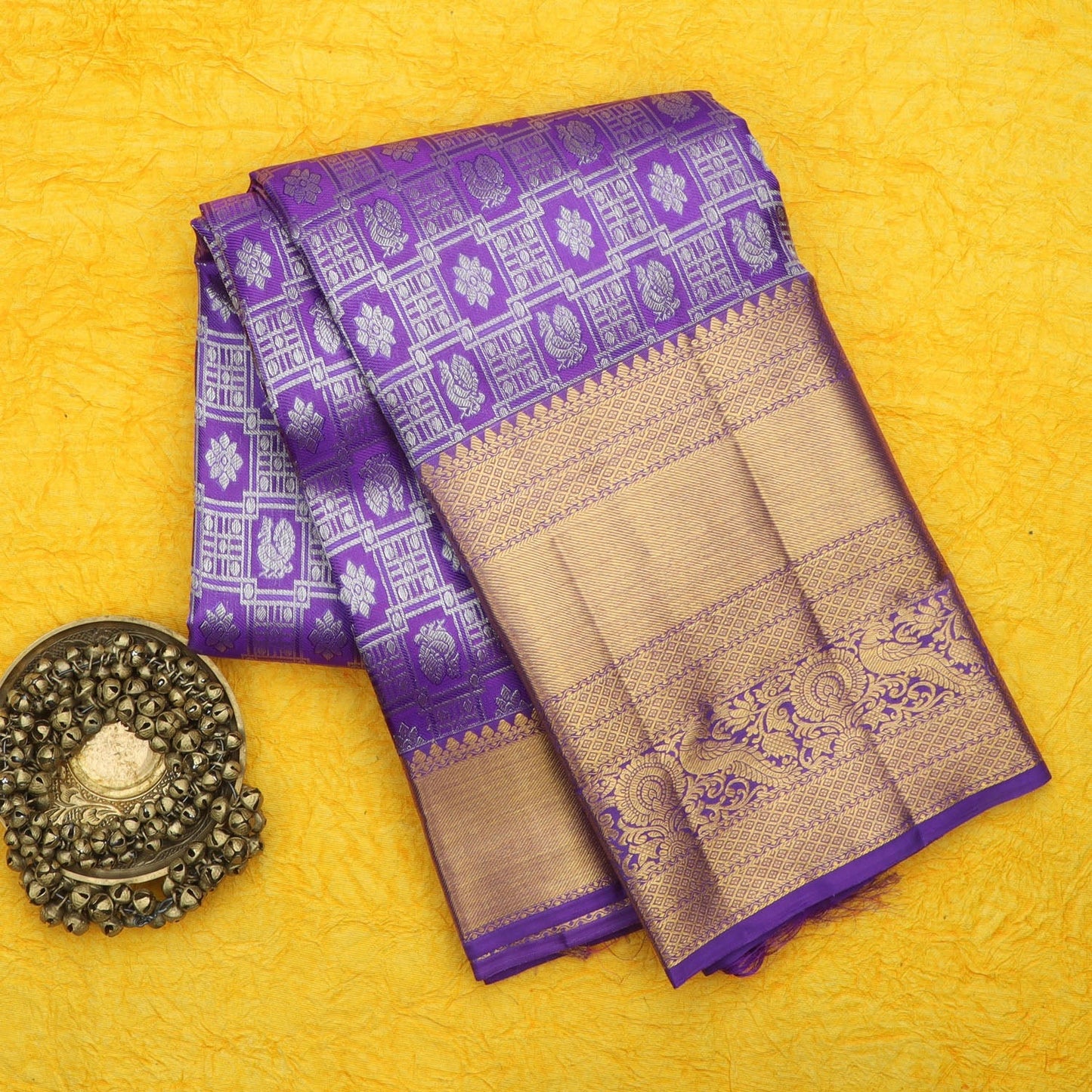 Violet Kanjivaram Silk Saree With Floral Pattern