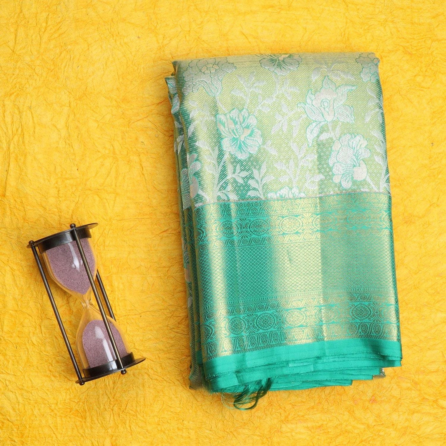 Aqua Green Tissue Kanjivaram Silk Saree With Floral Motif Pattern