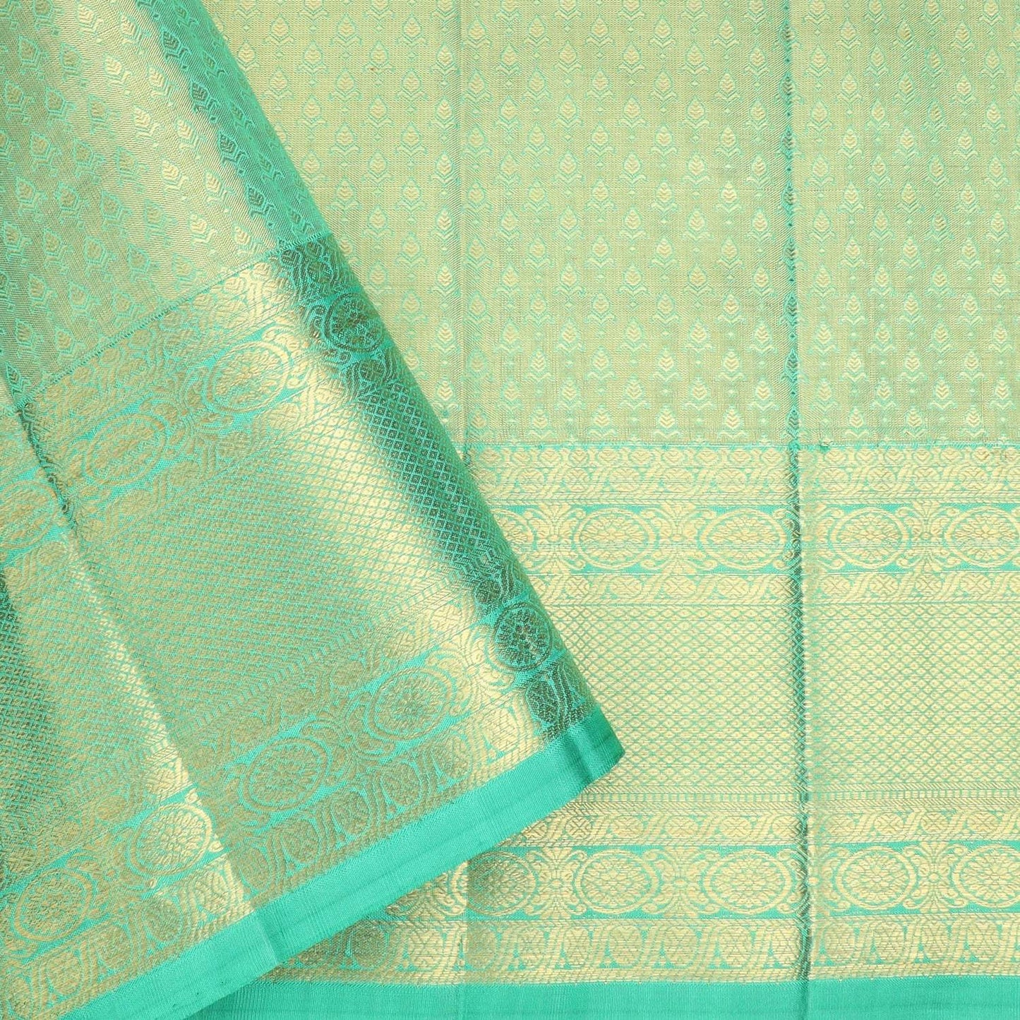 Aqua Green Tissue Kanjivaram Silk Saree With Floral Motif Pattern