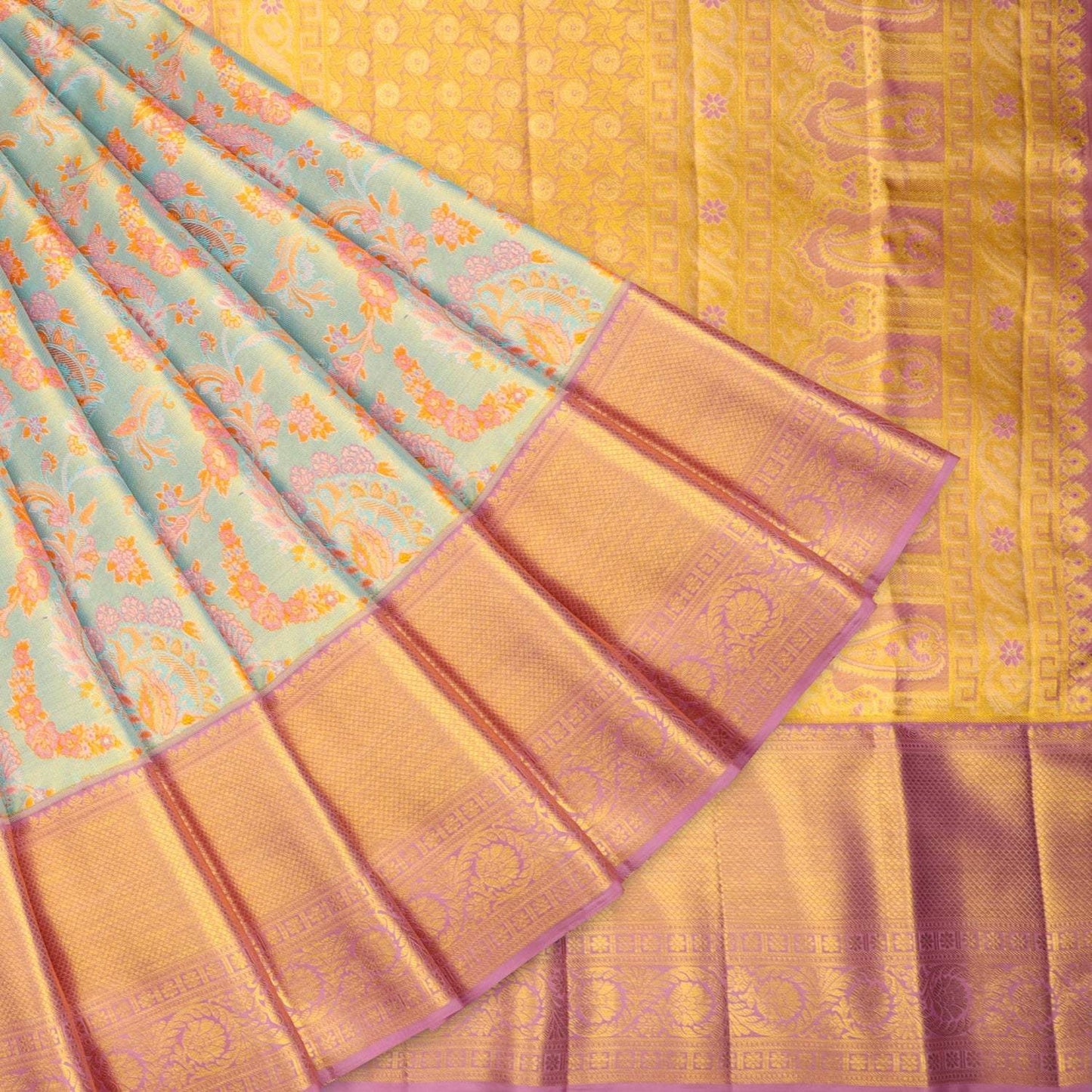 Pastel Blue Tissue Kanjivaram Silk Saree With Floral Motif Pattern