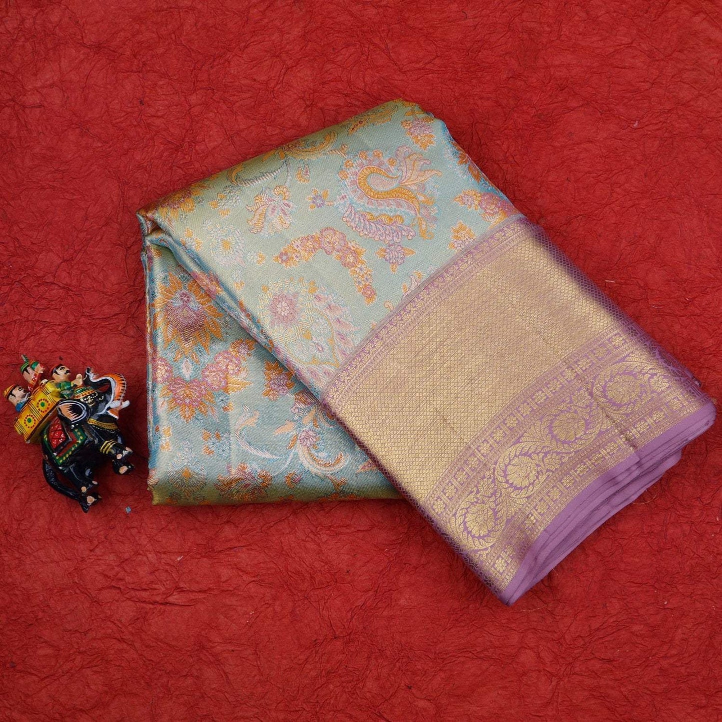 Pastel Blue Tissue Kanjivaram Silk Saree With Floral Motif Pattern