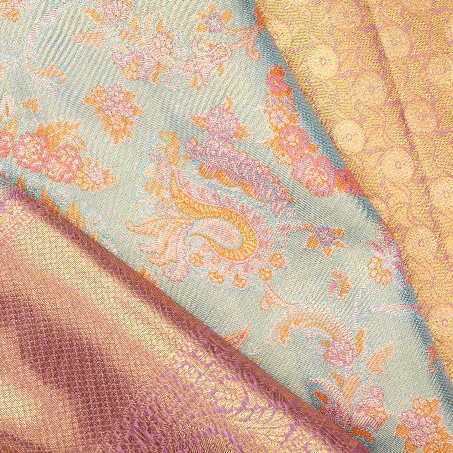 Pastel Blue Tissue Kanjivaram Silk Saree With Floral Motif Pattern