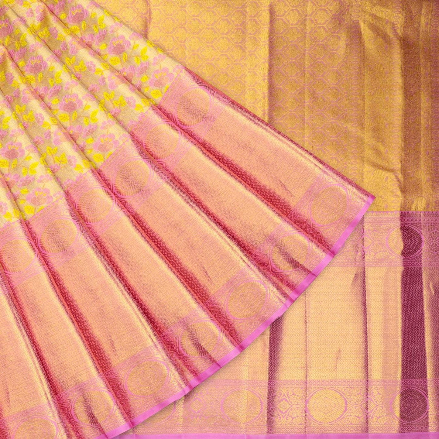 Gold Tissue Kanjivaram Silk Saree With Floral Motif Pattern