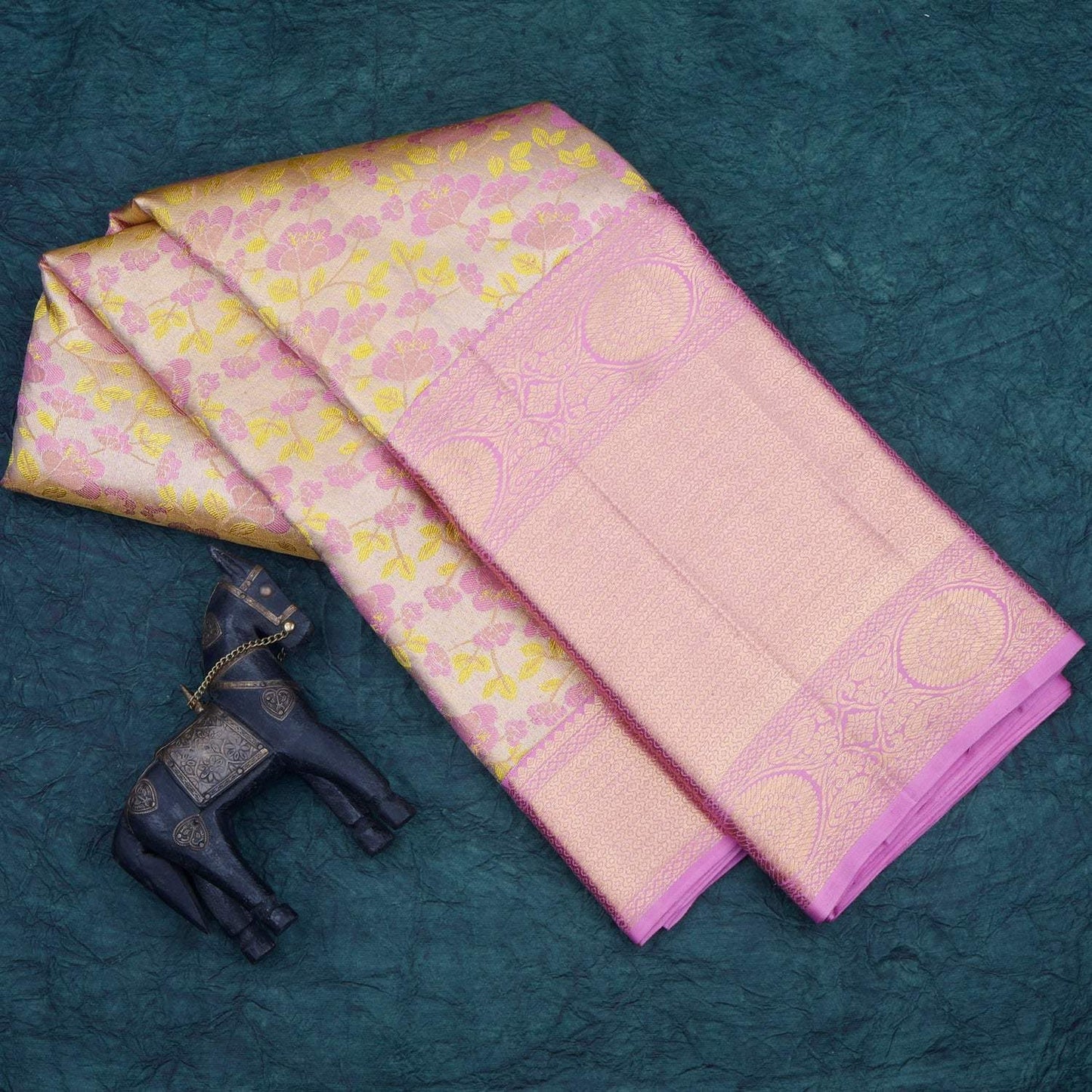 Gold Tissue Kanjivaram Silk Saree With Floral Motif Pattern