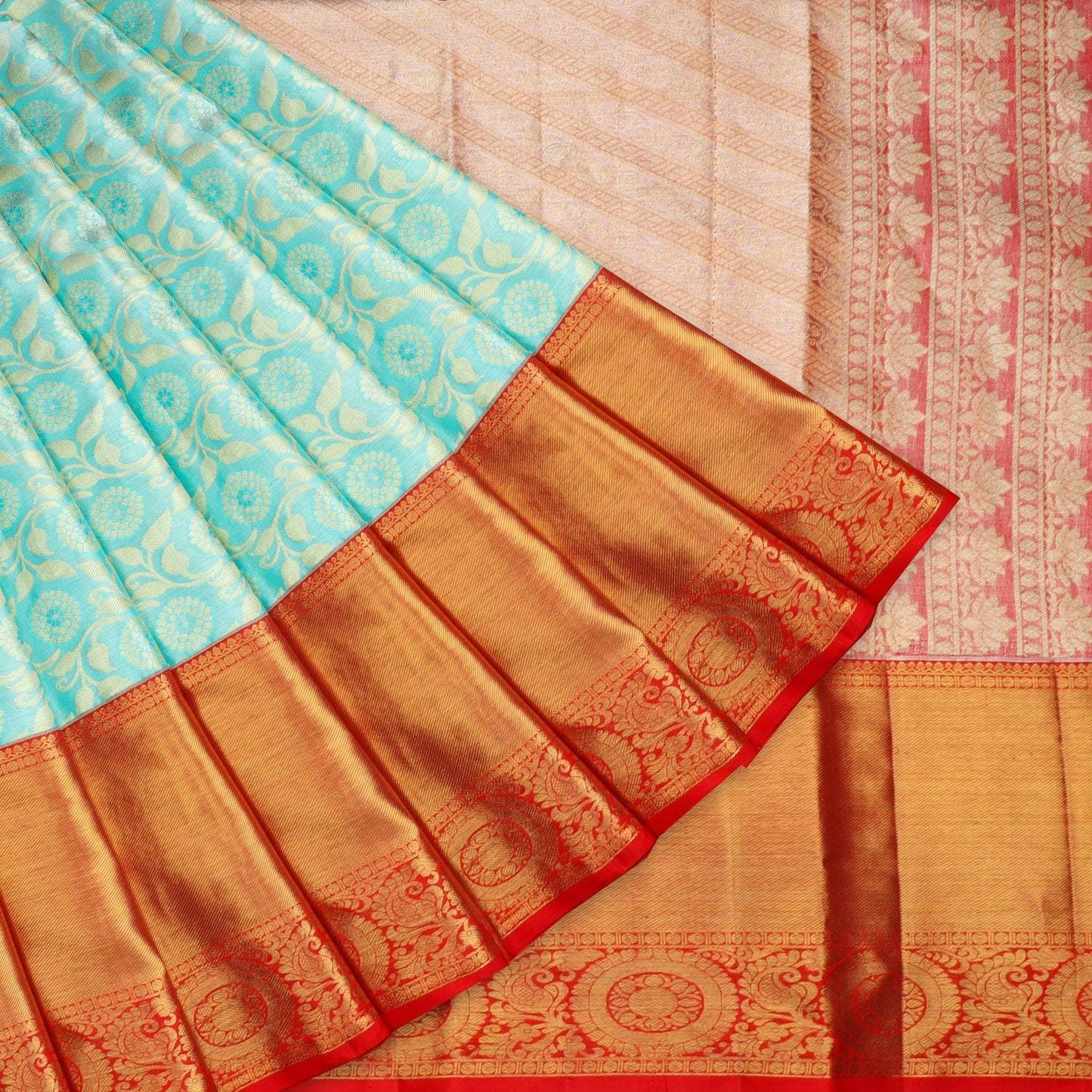 Pastel Blue Tissue Kanjivaram Silk Saree With Floral Pattern