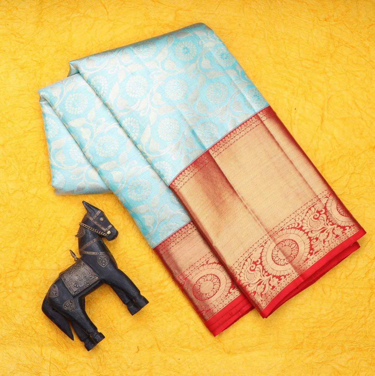 Pastel Blue Tissue Kanjivaram Silk Saree With Floral Pattern