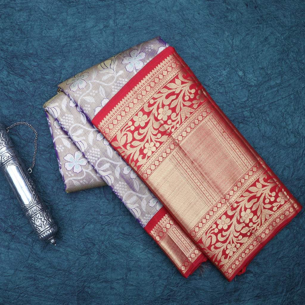 Violet Tissue Kanjivaram Silk Saree With Floral Pattern