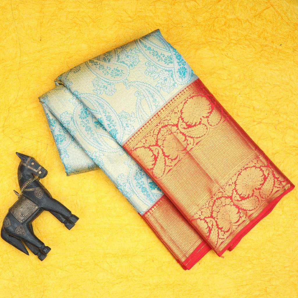 Powder Blue Tissue Kanjivaram Silk Saree With Paisley Motif Pattern