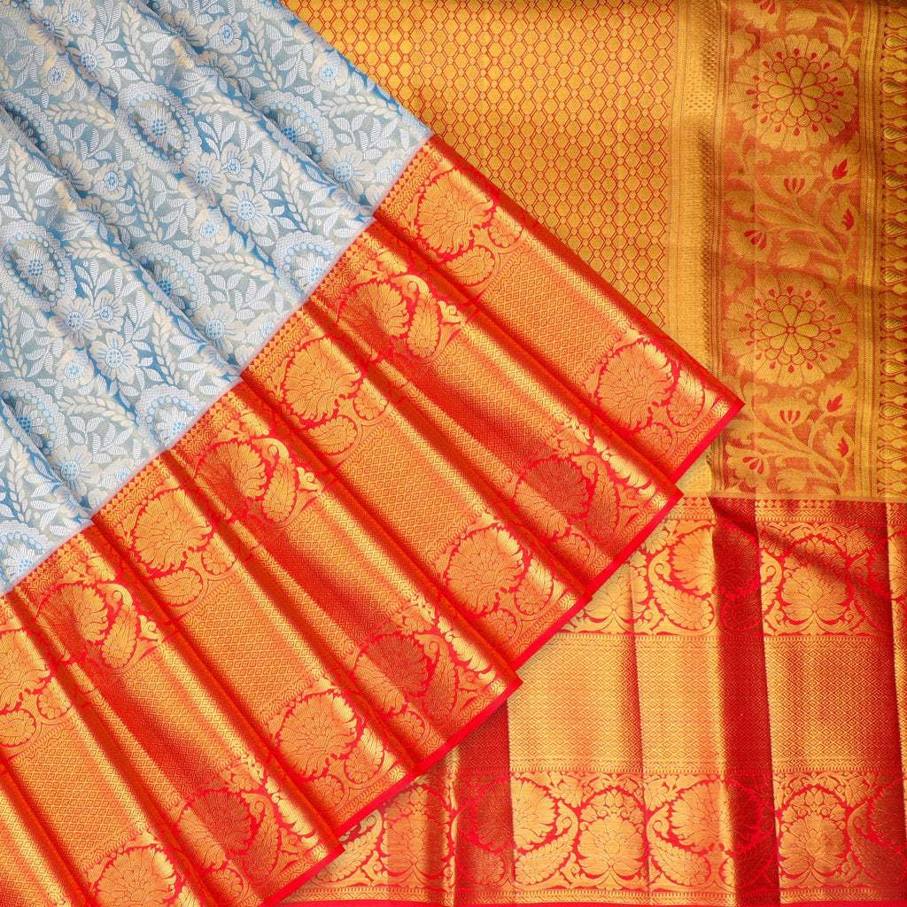 Powder Blue Tissue Kanjivaram Silk Saree With Floral Jaal Pattern