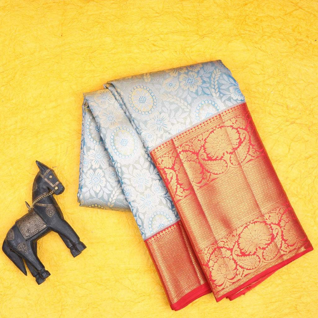 Powder Blue Tissue Kanjivaram Silk Saree With Floral Jaal Pattern