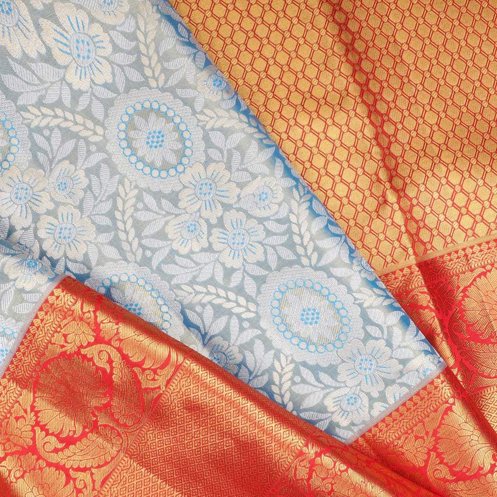 Powder Blue Tissue Kanjivaram Silk Saree With Floral Jaal Pattern