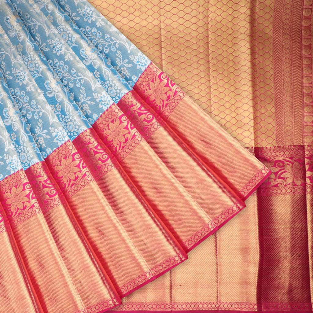 Blue Tissue Kanjivaram Silk Saree With Floral Motif Pattern