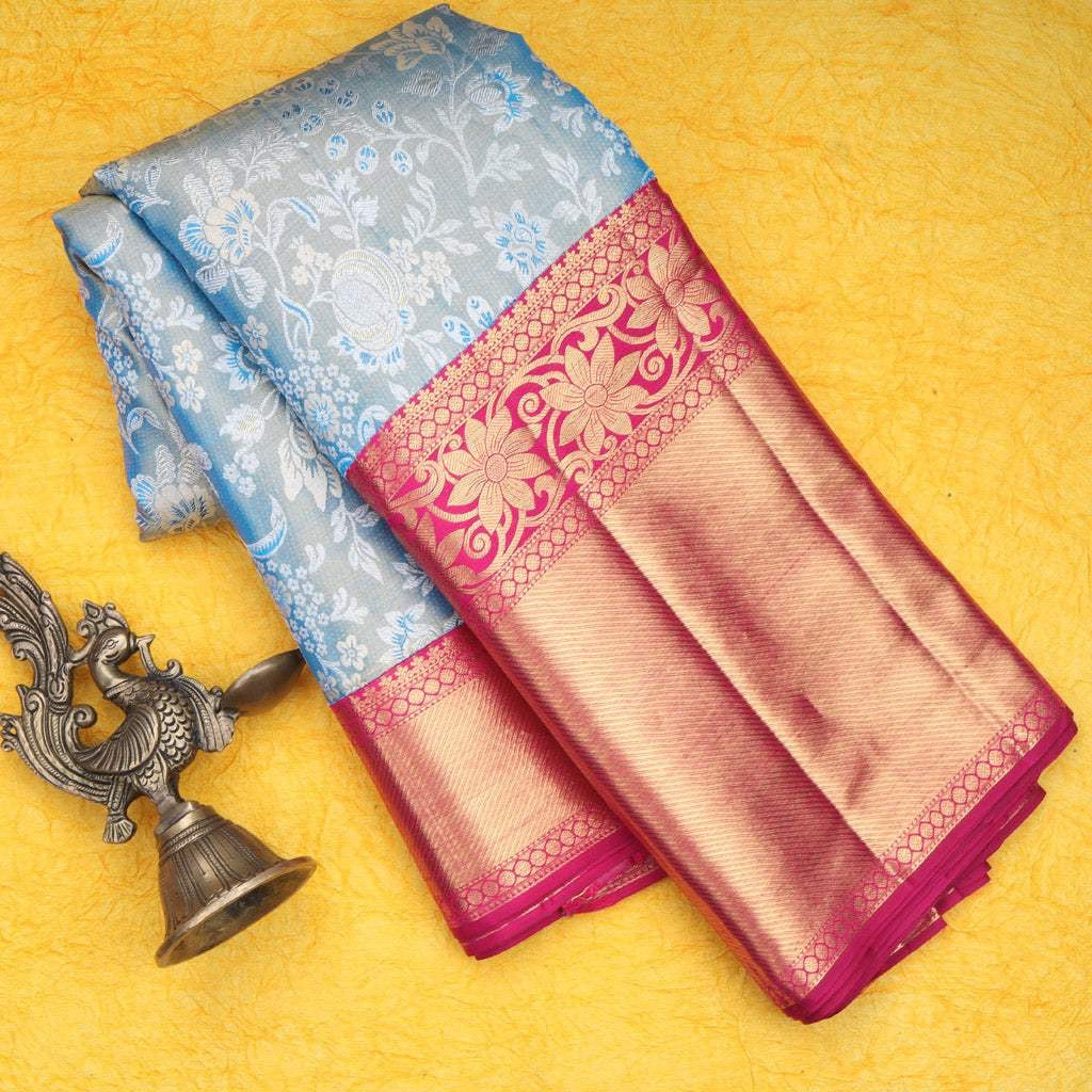 Blue Tissue Kanjivaram Silk Saree With Floral Motif Pattern