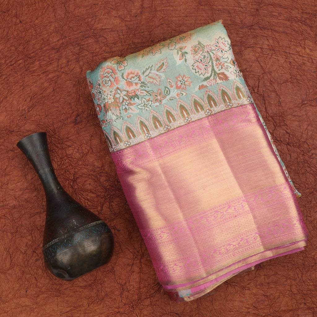Sky Blue Tissue Kanjivaram Silk Saree With Floral Jaal Design