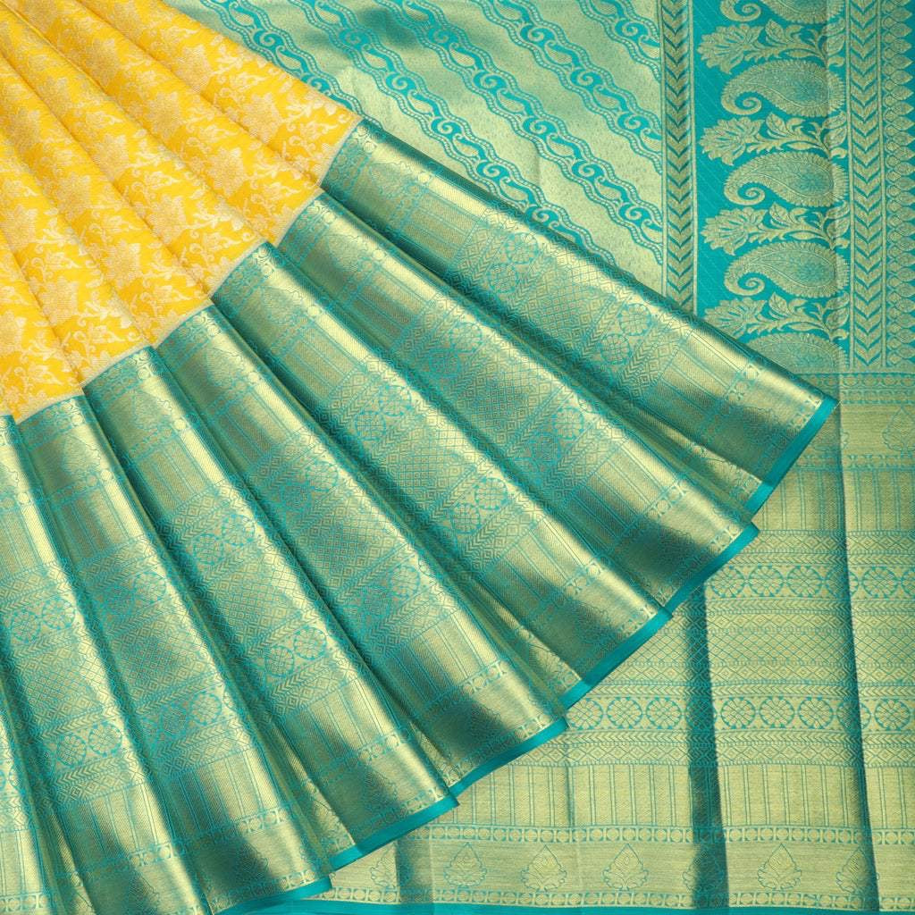 Bright Yellow Kanjivaram Silk Saree With Floral Pattern