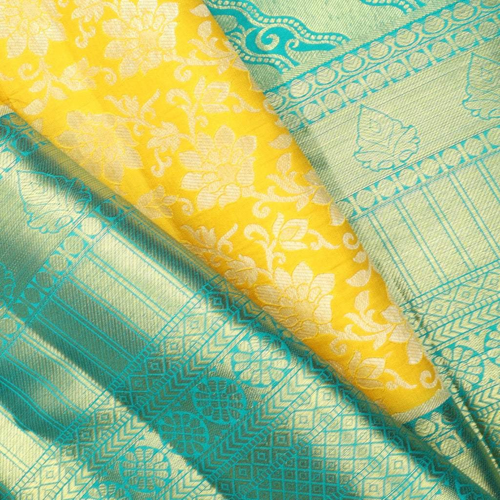 Bright Yellow Kanjivaram Silk Saree With Floral Pattern