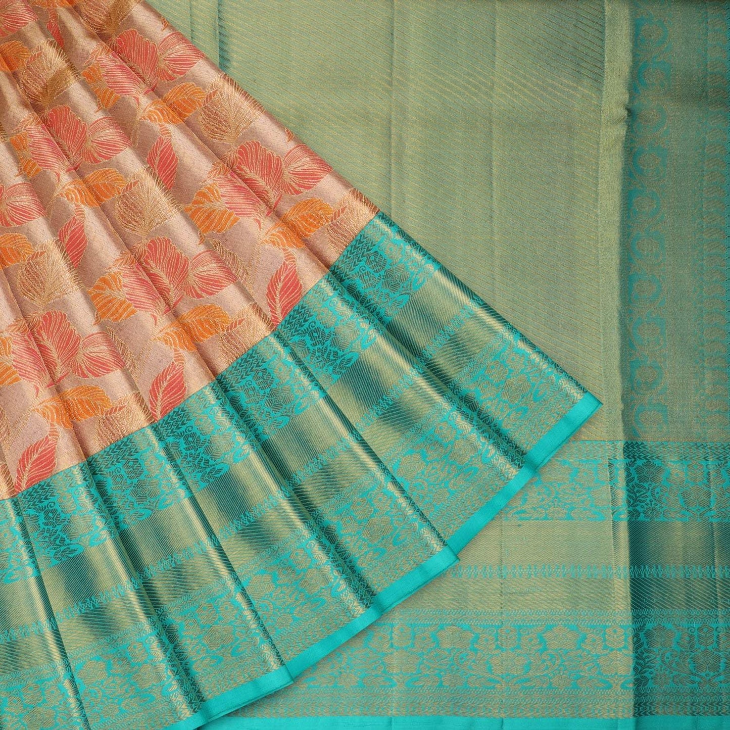 Light Peach Tissue Kanjivaram Silk Saree With Leaf Motifs