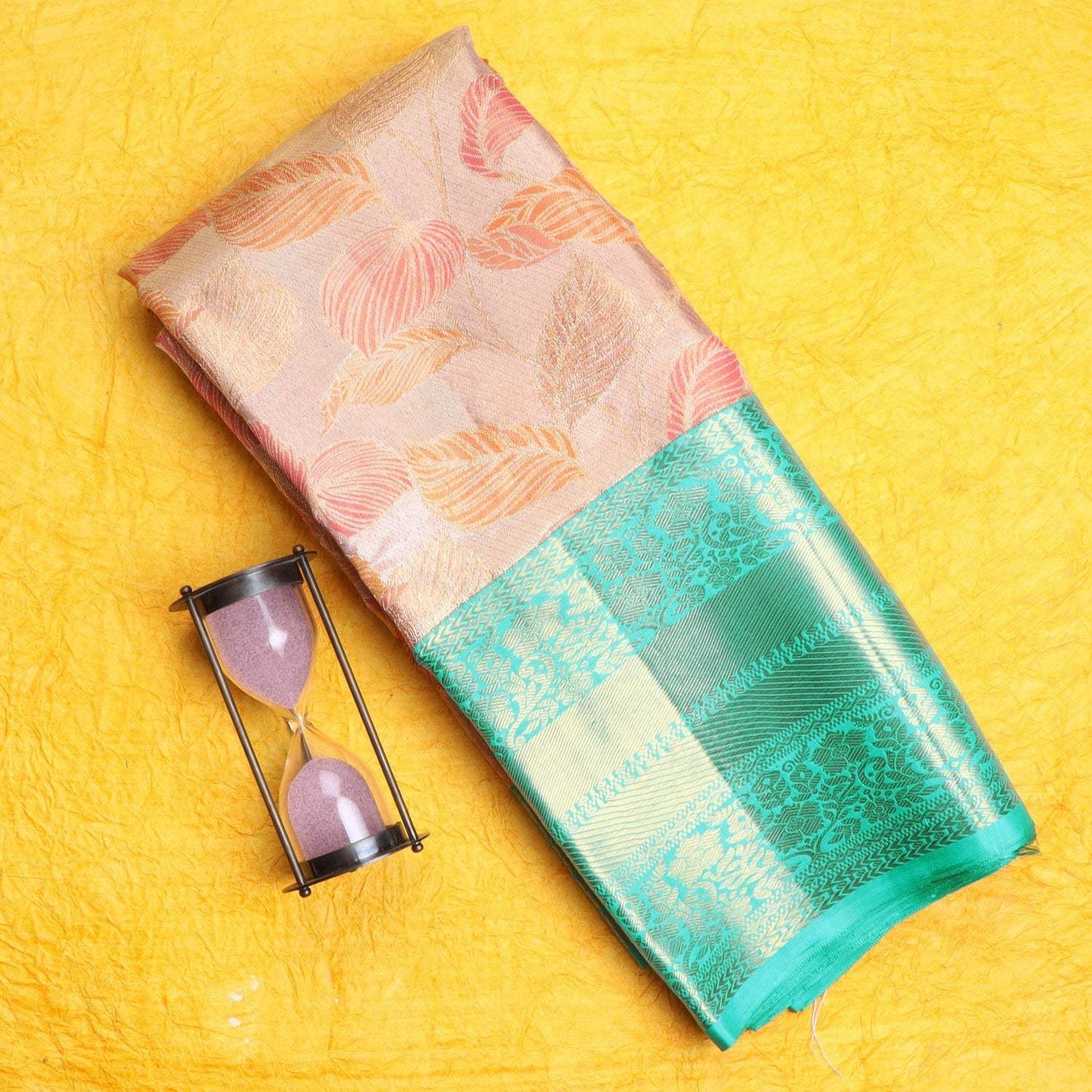 Light Peach Tissue Kanjivaram Silk Saree With Leaf Motifs