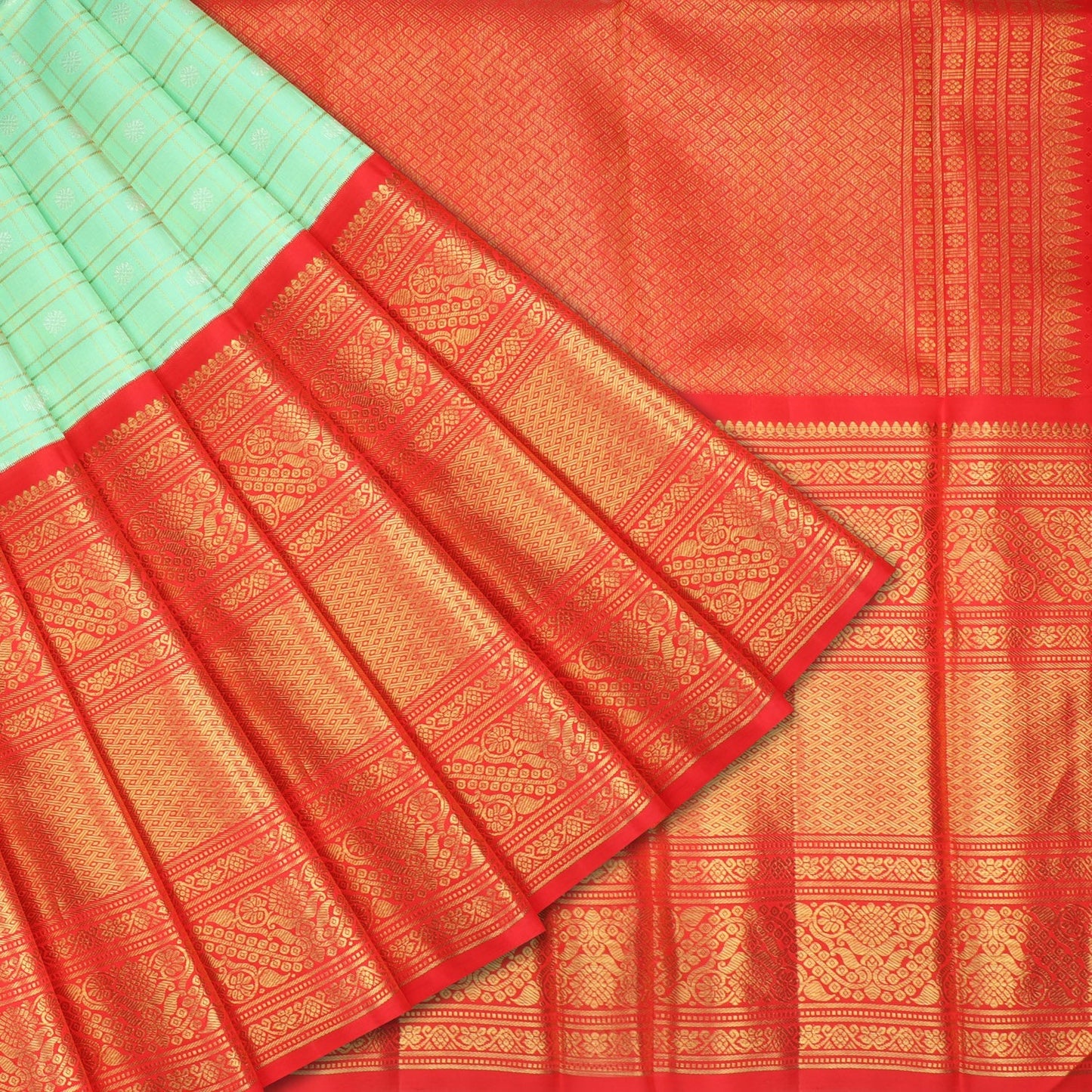 Pastel Green Kanjivaram Silk Saree With Checks Pattern