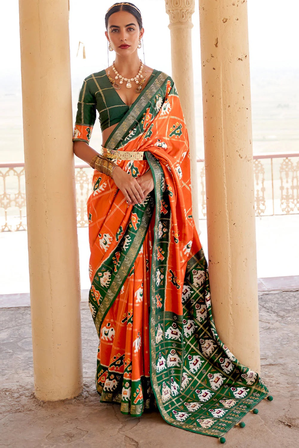 Orange Printed Patola Silk Saree
