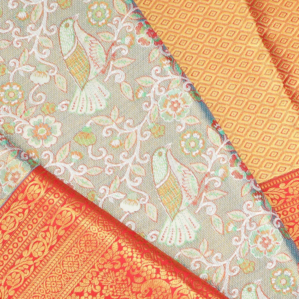Bluish Grey Tissue Kanjivaram Silk Saree With Floral And Bird Pattern