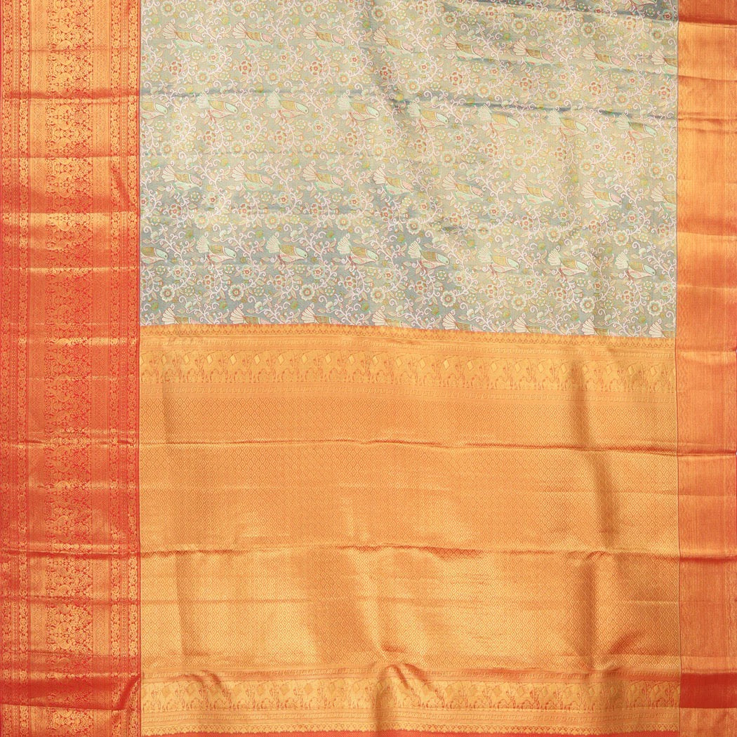 Bluish Grey Tissue Kanjivaram Silk Saree With Floral And Bird Pattern