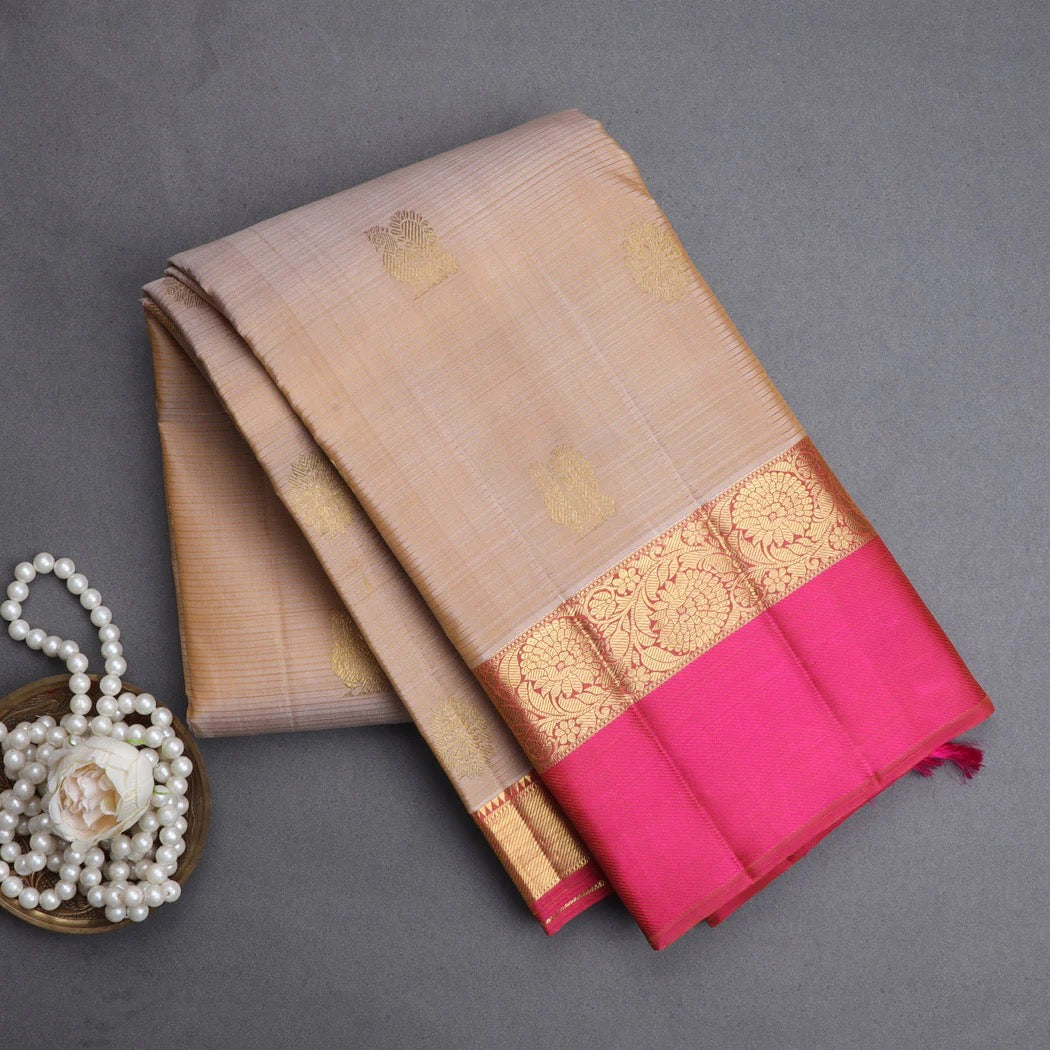 Beige Kanjivaram Silk Saree With Floral Buttas