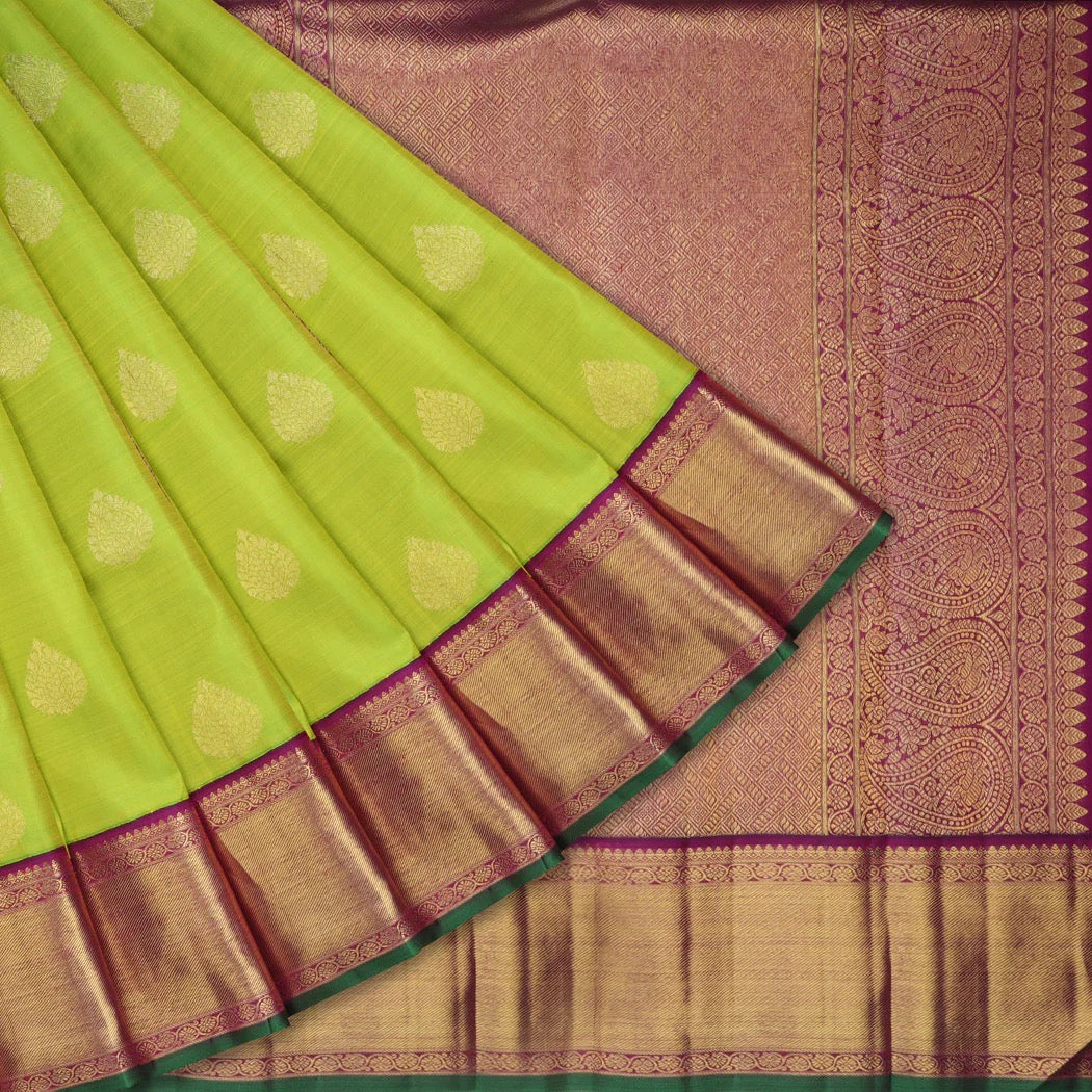 Lime Green Kanjivaram Silk Saree With Floral Buttas