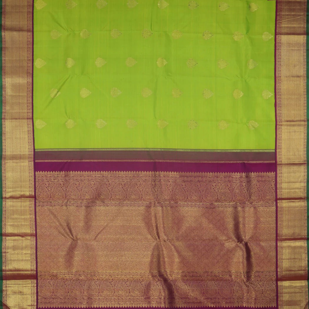 Lime Green Kanjivaram Silk Saree With Floral Buttas