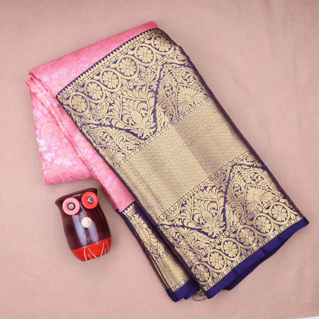 Pastel Pink Kanjivaram Silk Saree With Floral Motifs