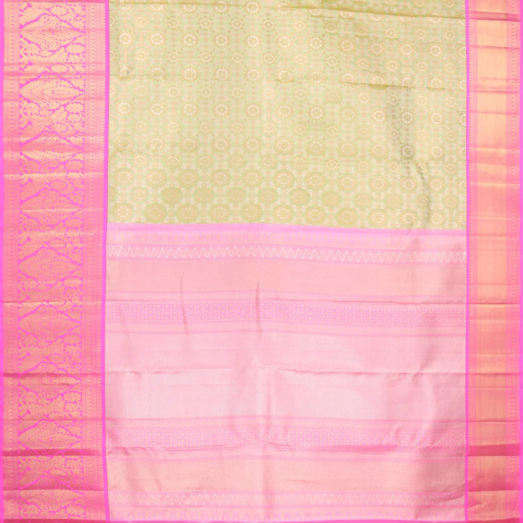 Lime Green Kanjivaram Silk Saree With Poo Chakra Motif