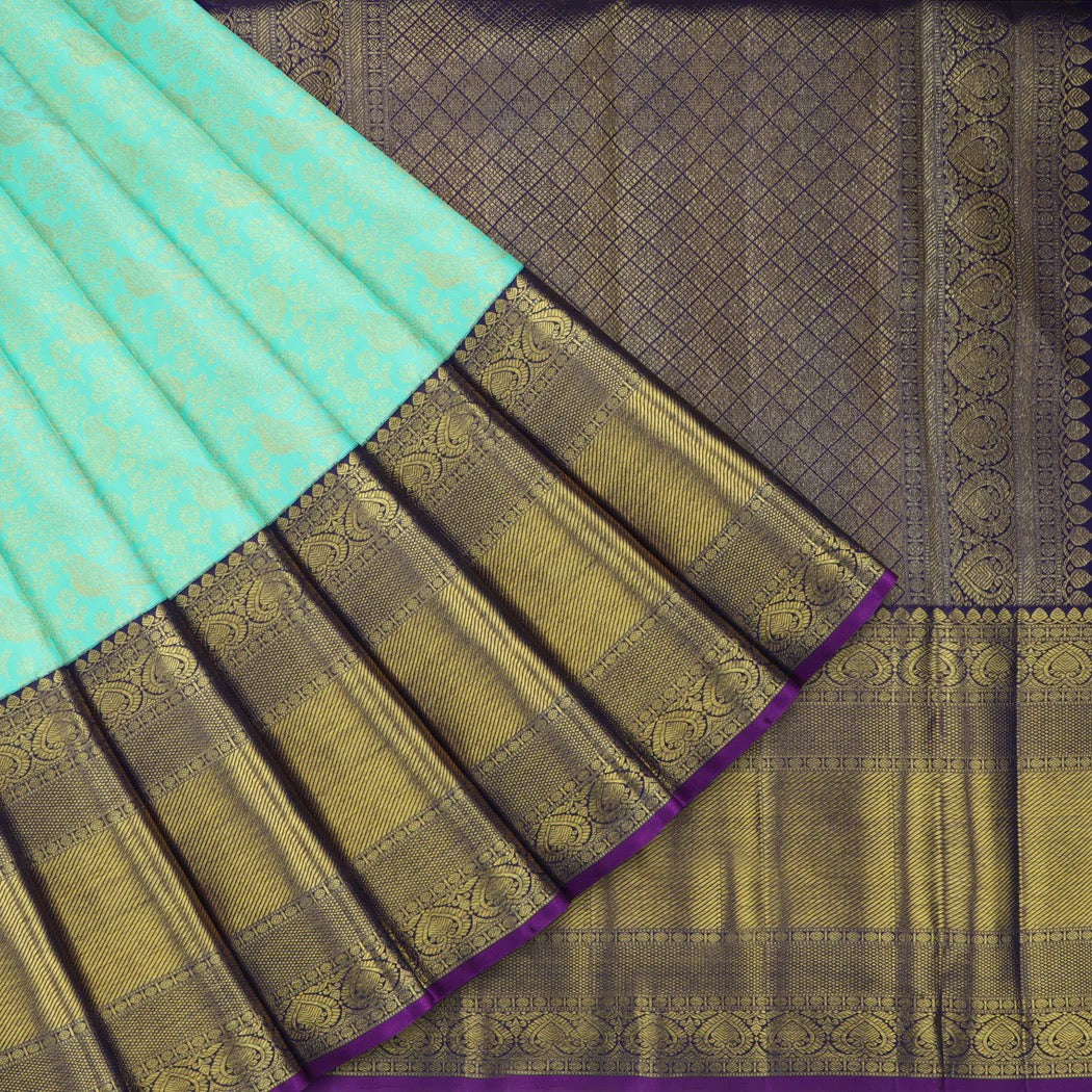 Seafoam Blue Kanjivaram Silk Saree With Floral And Bird Pattern