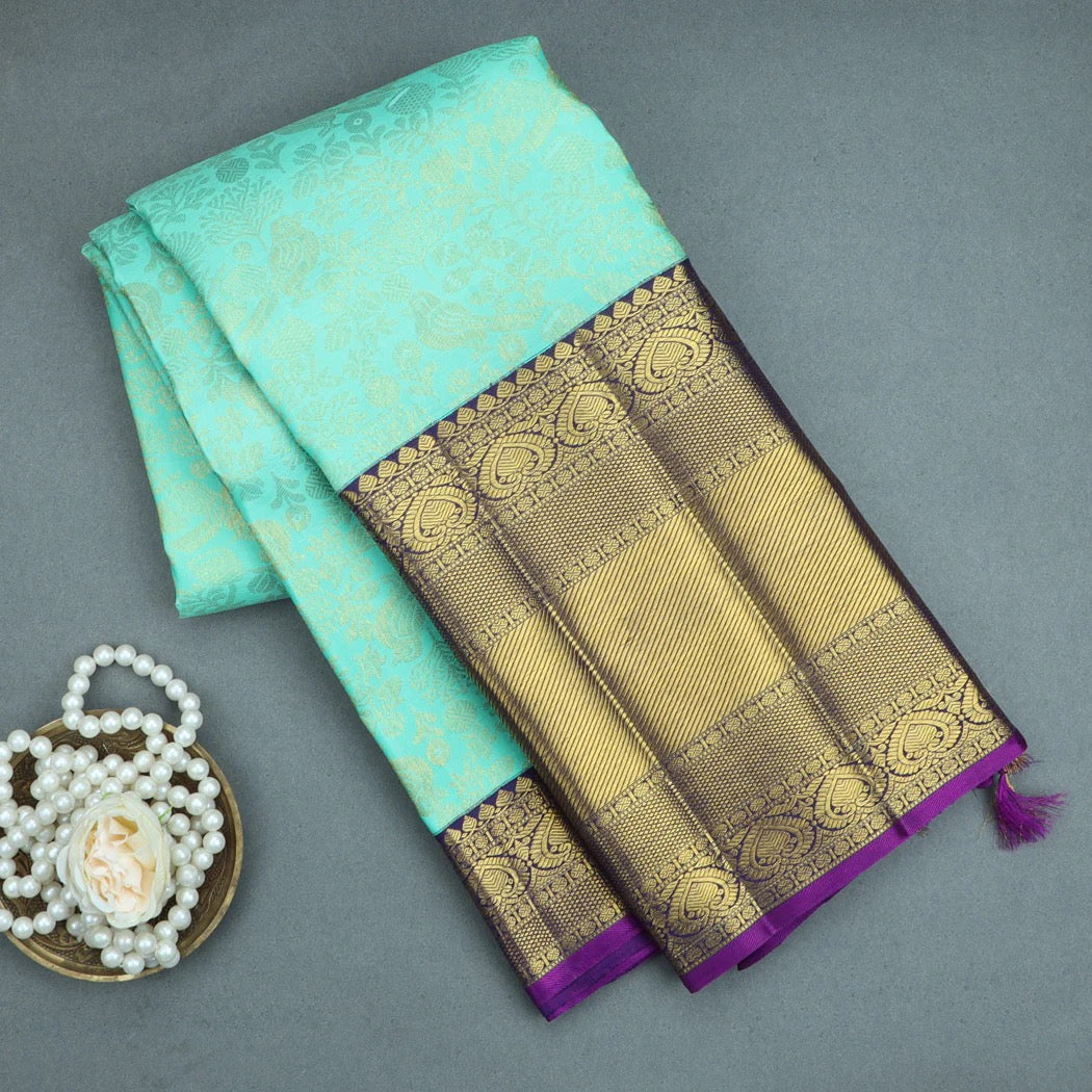 Seafoam Blue Kanjivaram Silk Saree With Floral And Bird Pattern